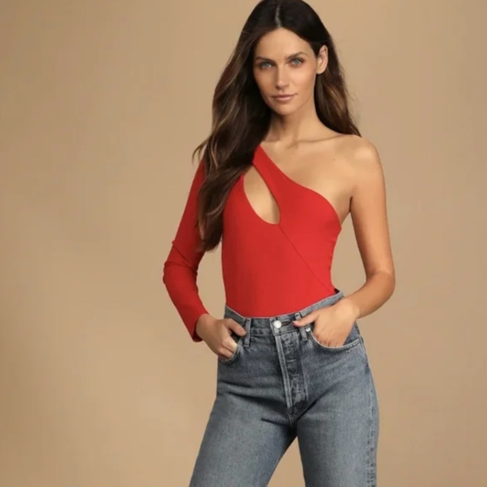 Lulus Make a Slash Red Ribbed One-Shoulder‎ Long Sleeve Bodysuit XS - Picture 4 of 9